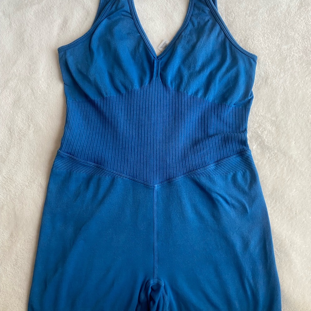 JoyLab Blue One Piece with Plunging V-Neck and Ribbed Texture